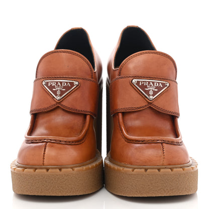 Prada Calfskin Metal Triangle Logo Flow Heeled Loafers 36 Caramel 4 of 18