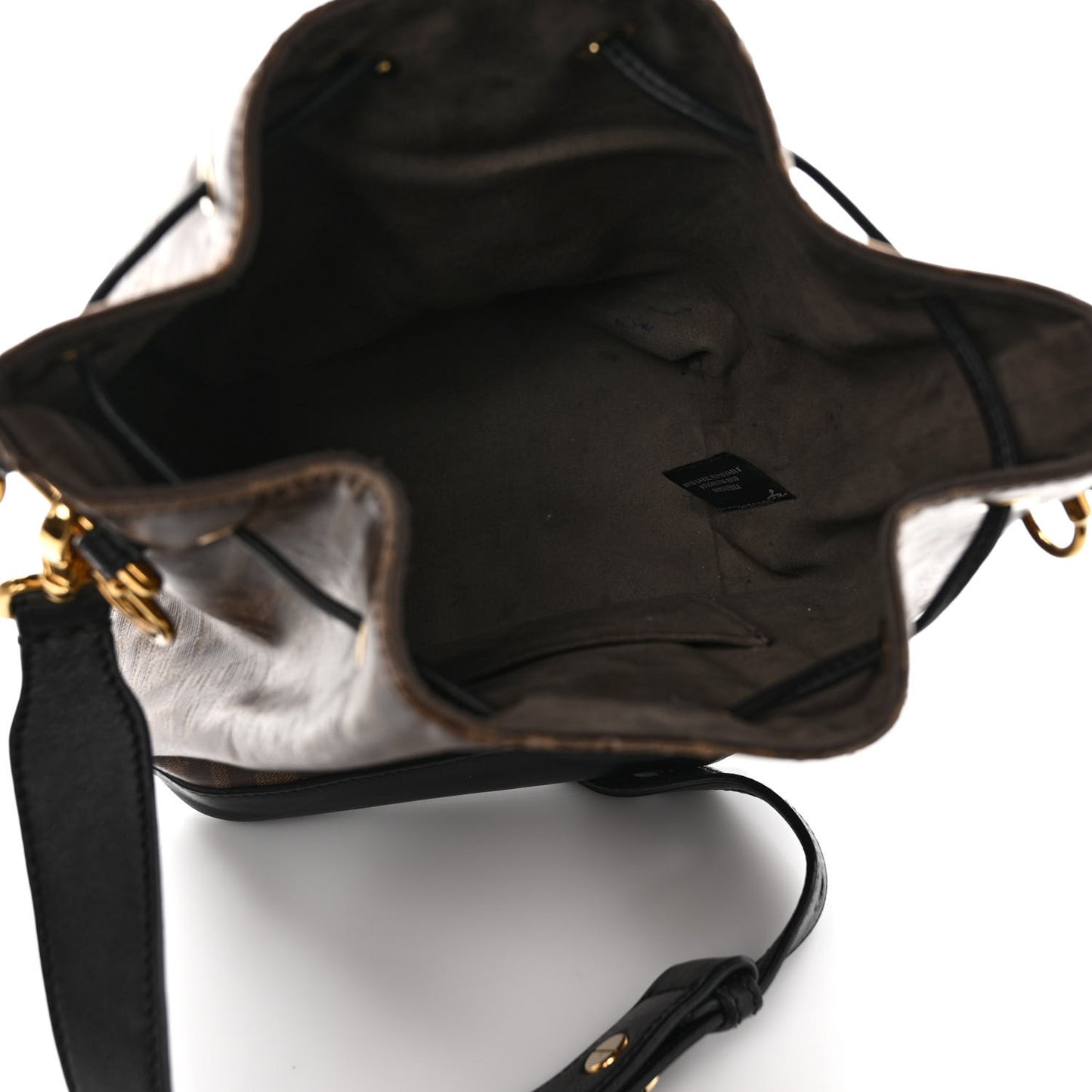 Glazed Fabric Vitello Grace F is Fendi FF 1974 Stamp Patch Grande Mon Tresor Bucket Bag Mogano Panna Black