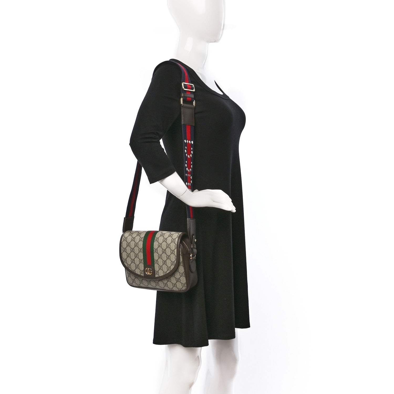 Gucci GG Supreme Monogram Textured Dollar Calfskin Web Studded Mini Ophidia Flap Shoulder Bag Beige Ebony New Acero 3 of 8