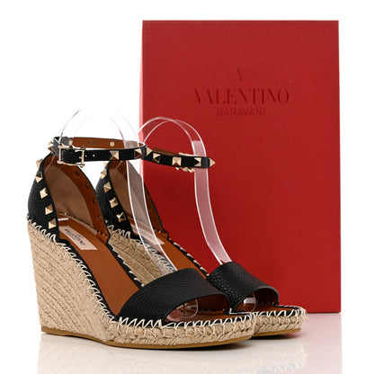 Valentino Garavani Grained Calfskin Rockstud Ankle Strap Espadrille 15/105mm Wedge Sandals 39 Black Light Cuir Natural 11 of 11
