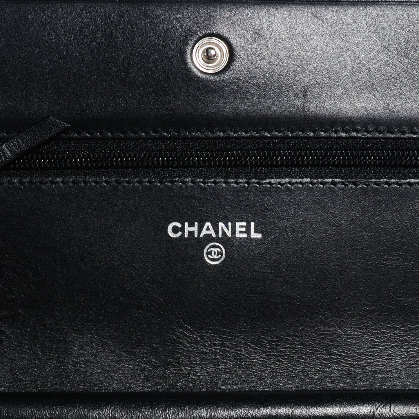Leather Quilted Cambon Wallet on Chain WOC Black Silver