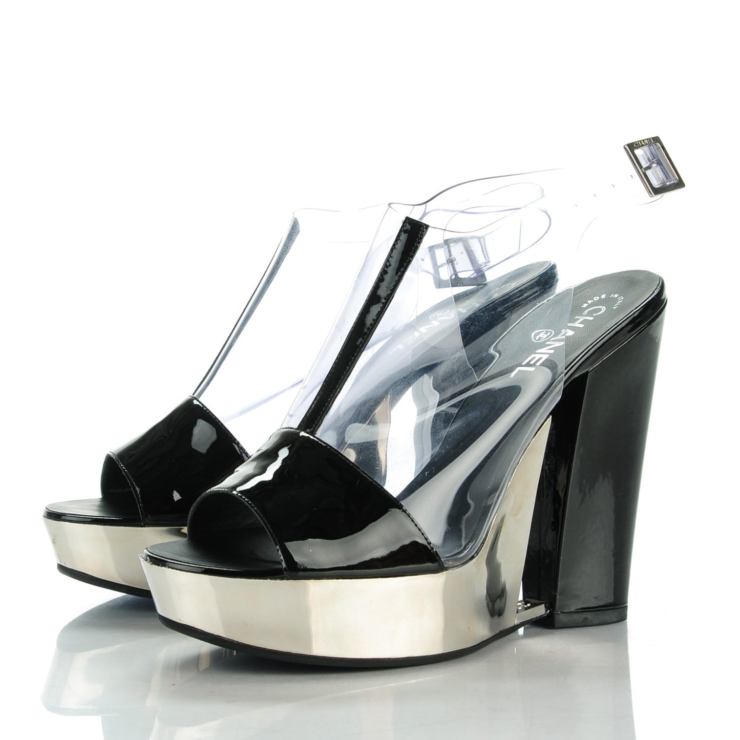 Patent Chrome Vinyl Wedge Sandals 41 Black