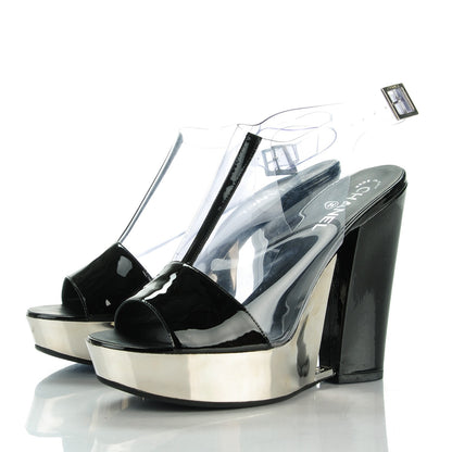 Chanel Patent Chrome Vinyl Wedge Sandals 41 Black 3 of 8