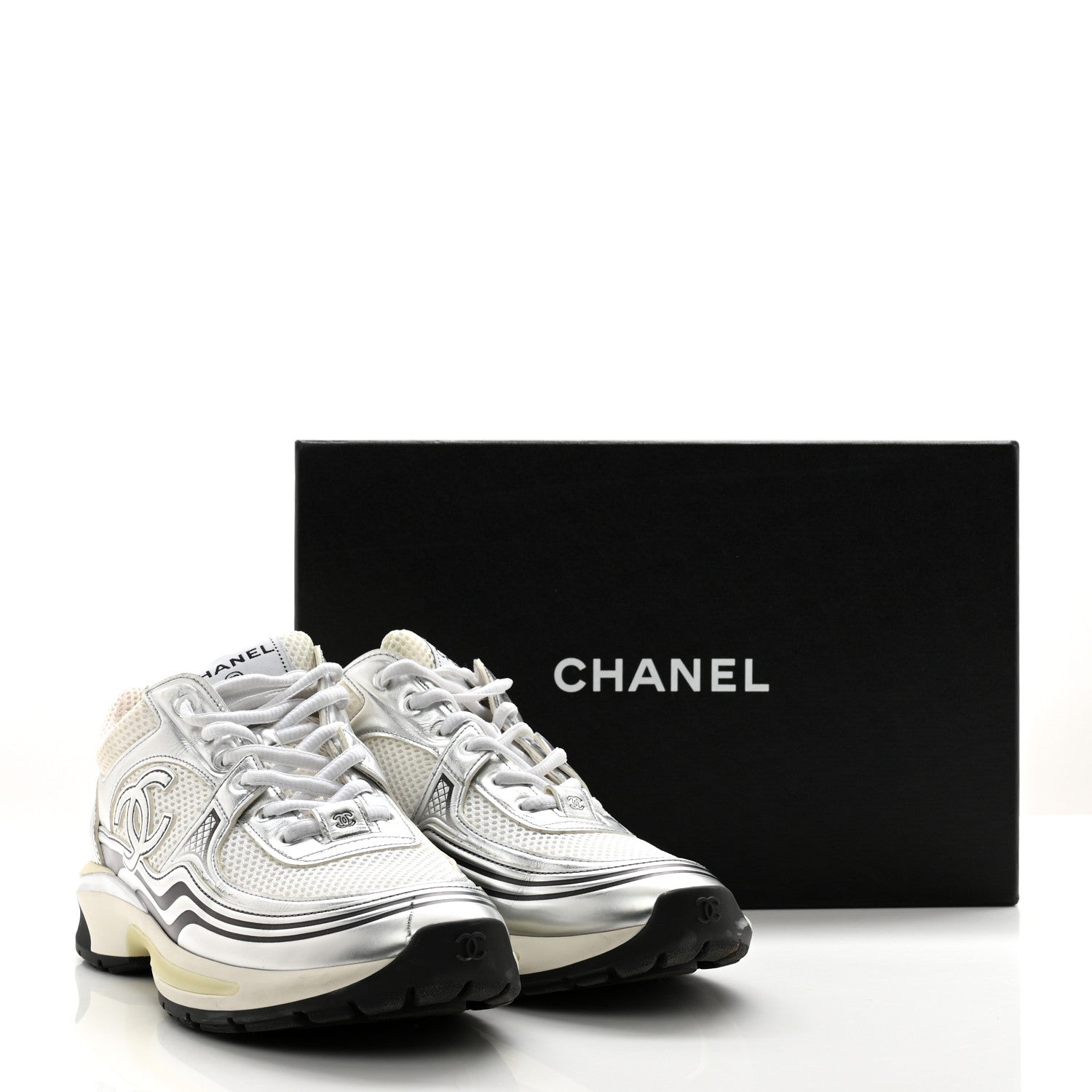 Chanel Fabric Laminated Calfskin Stretch CC Sneakers 40 White Silver 17 of 17