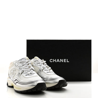 Chanel Fabric Laminated Calfskin Stretch CC Sneakers 40 White Silver 17 of 17