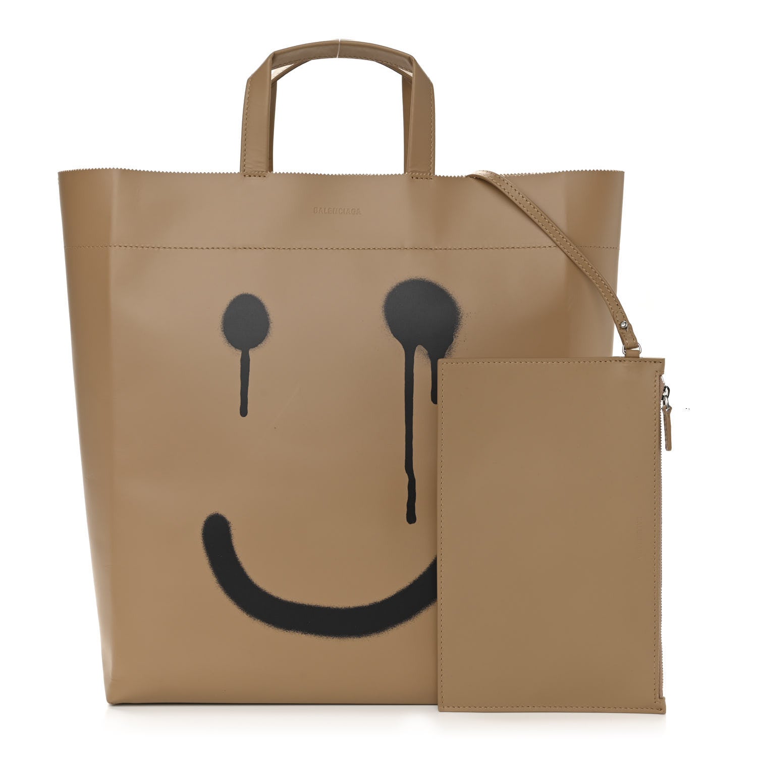 Balenciaga Calfskin Printed Happy Sad Medium Market Shopper Tote Light Brown 1 of 12