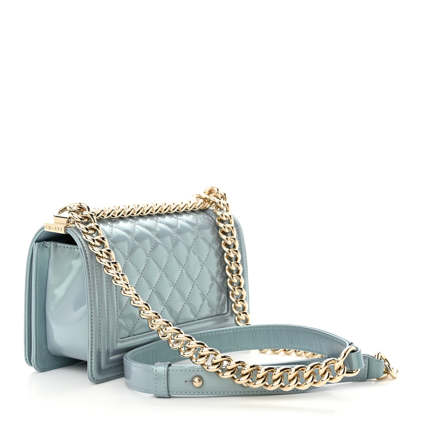 Iridescent Glazed Calfskin Quilted Small Boy Flap Light Blue