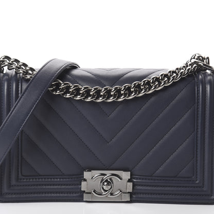 Chanel Lambskin Chevron Medium Boy Flap Dark Navy Blue 7 of 9