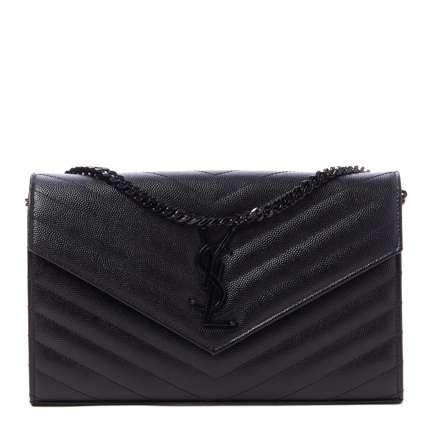 Saint Laurent Grain De Poudre Matelasse Chevron Monogram Chain Wallet Black 1 of 9