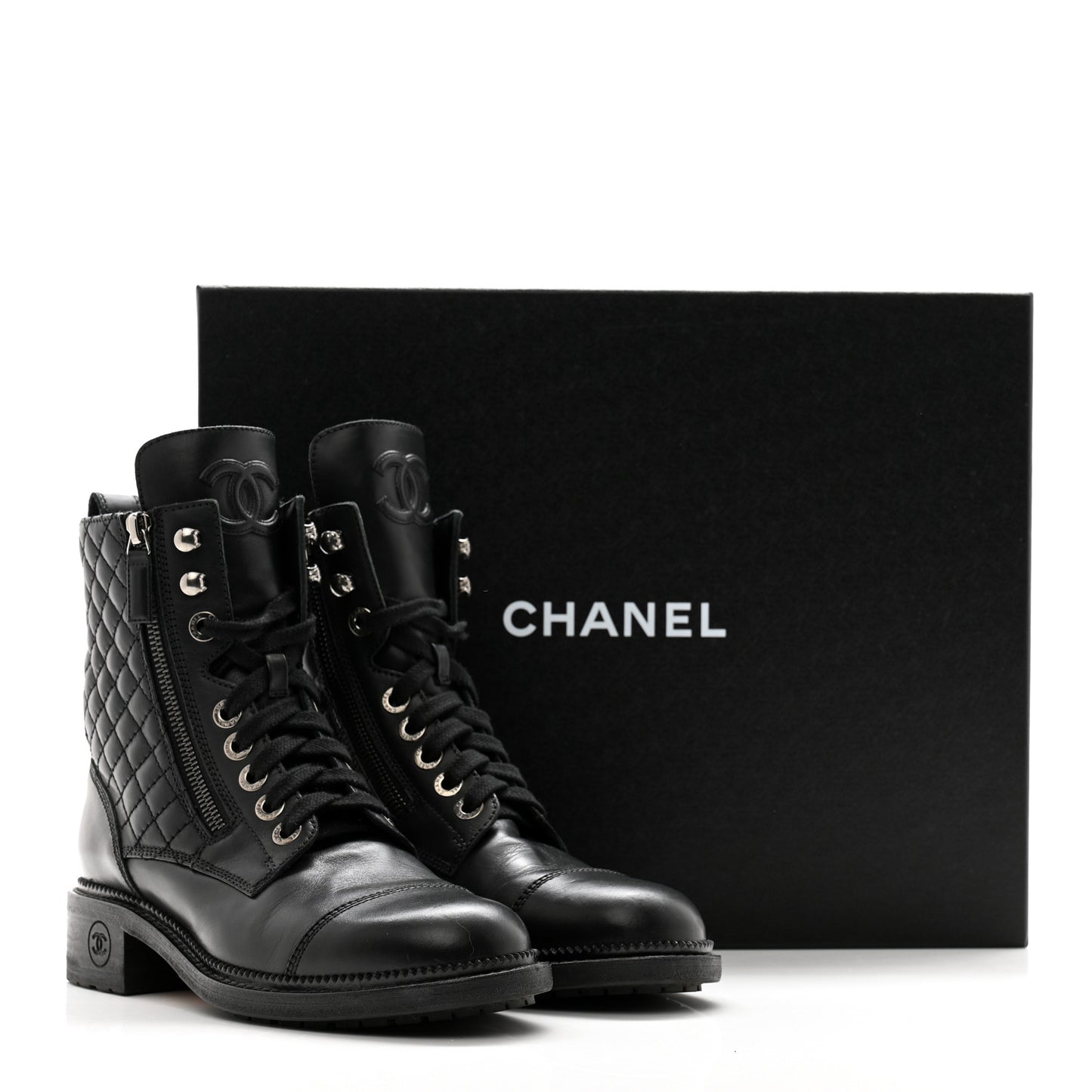 Calfskin Quilted Lace Up Combat Boots 37.5 Black