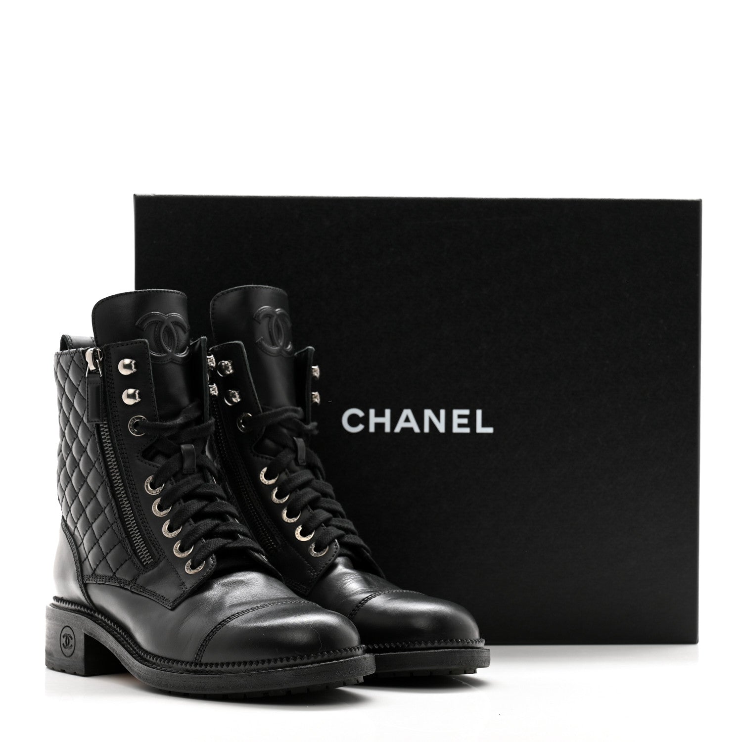 Chanel Calfskin Quilted Lace Up Combat Boots 37.5 Black 12 of 12