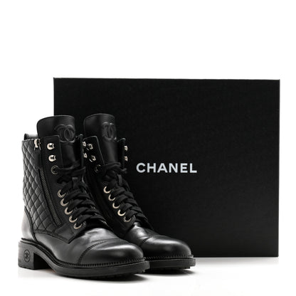 Chanel Calfskin Quilted Lace Up Combat Boots 37.5 Black 12 of 12