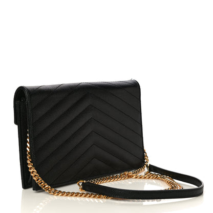 Saint Laurent Grain De Poudre Matelasse Chevron Monogram Envelope Chain Wallet Black 3 of 10