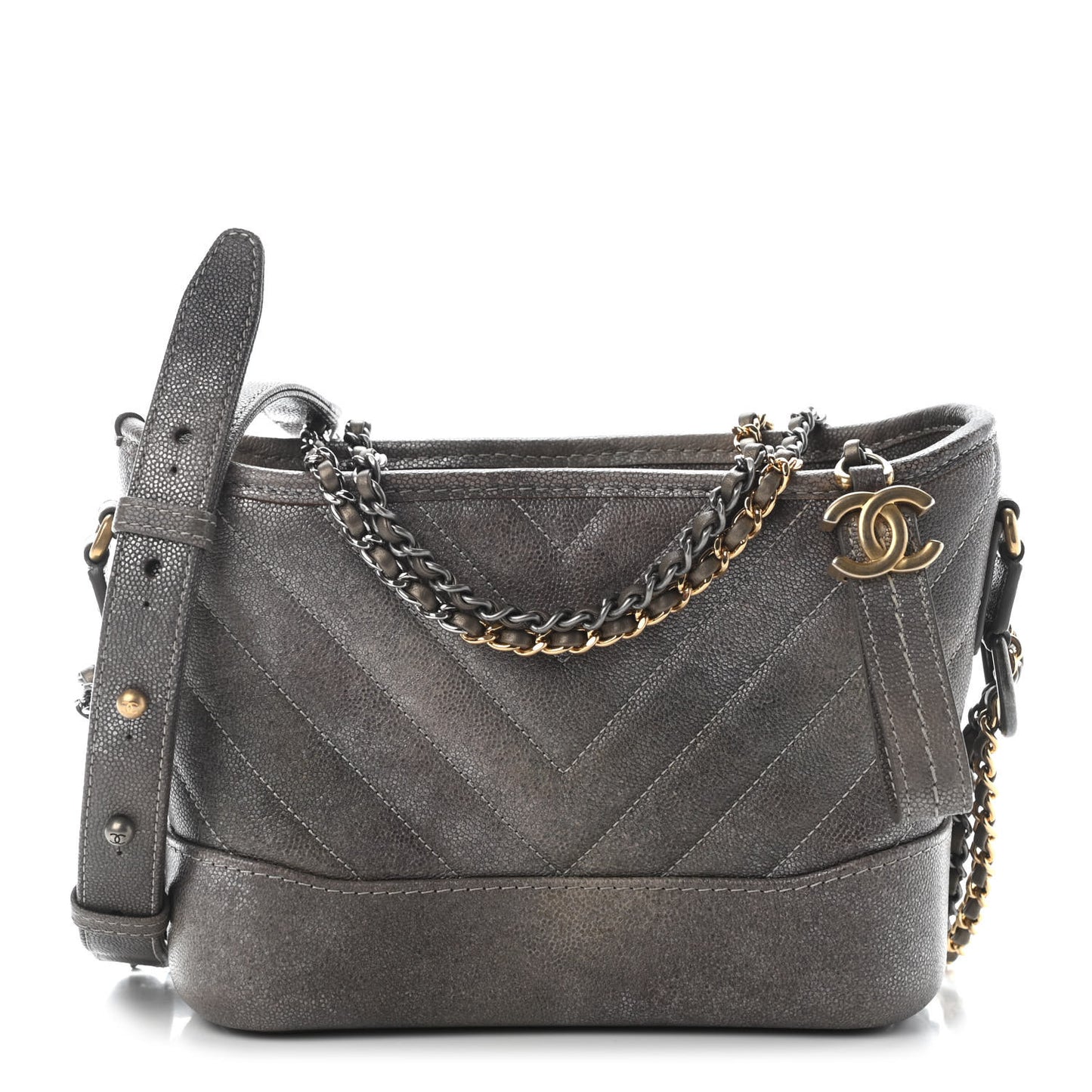 Metallic Caviar Chevron Quilted Small Gabrielle Hobo Light Silver Gold