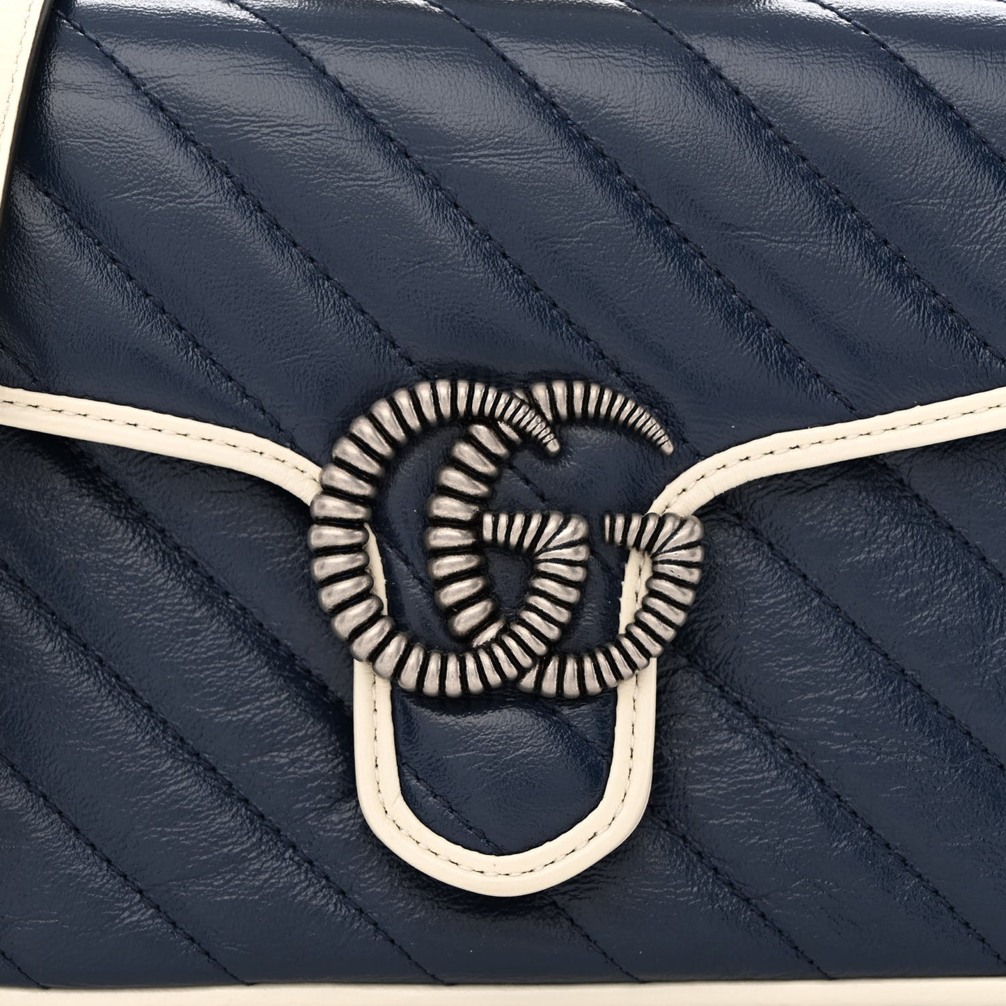 Vintage Effect Calfskin Matelasse Diagonal Mini Torchon GG Marmont Top Handle Shoulder Bag Blue Agata Mystic White