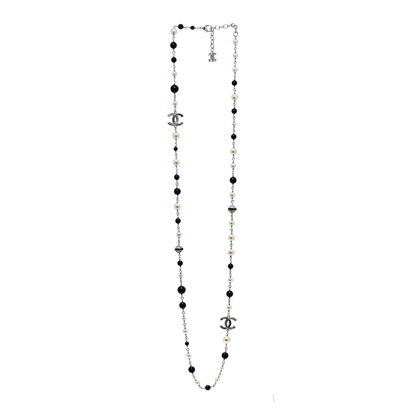 Pearl Crystal Bead CC Long Necklace Silver Black