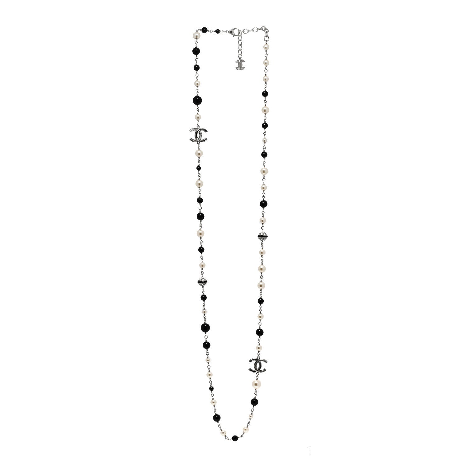 Chanel Pearl Crystal Bead CC Long Necklace Silver Black 3 of 6
