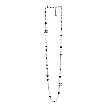 Chanel Pearl Crystal Bead CC Long Necklace Silver Black 3 of 6