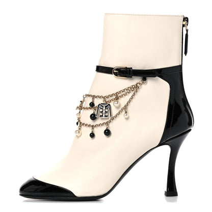 Chanel Lambskin Patent Calfskin Charms Ankle Boots 35.5 Ivory Black 1 of 14