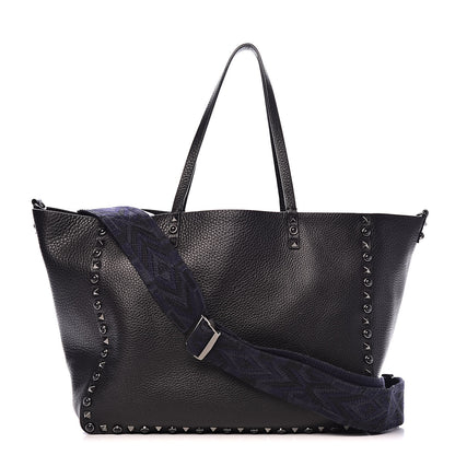Valentino Garavani Stampa Alce Calfskin Medium Guitar Strap Rockstud Rolling Reversible Tote Black 1 of 19
