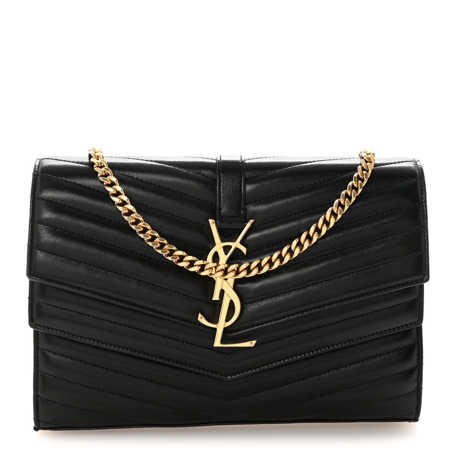 Saint Laurent Lambskin Matelasse Chevron Monogram Sulpice Chain Wallet Black 1 of 10