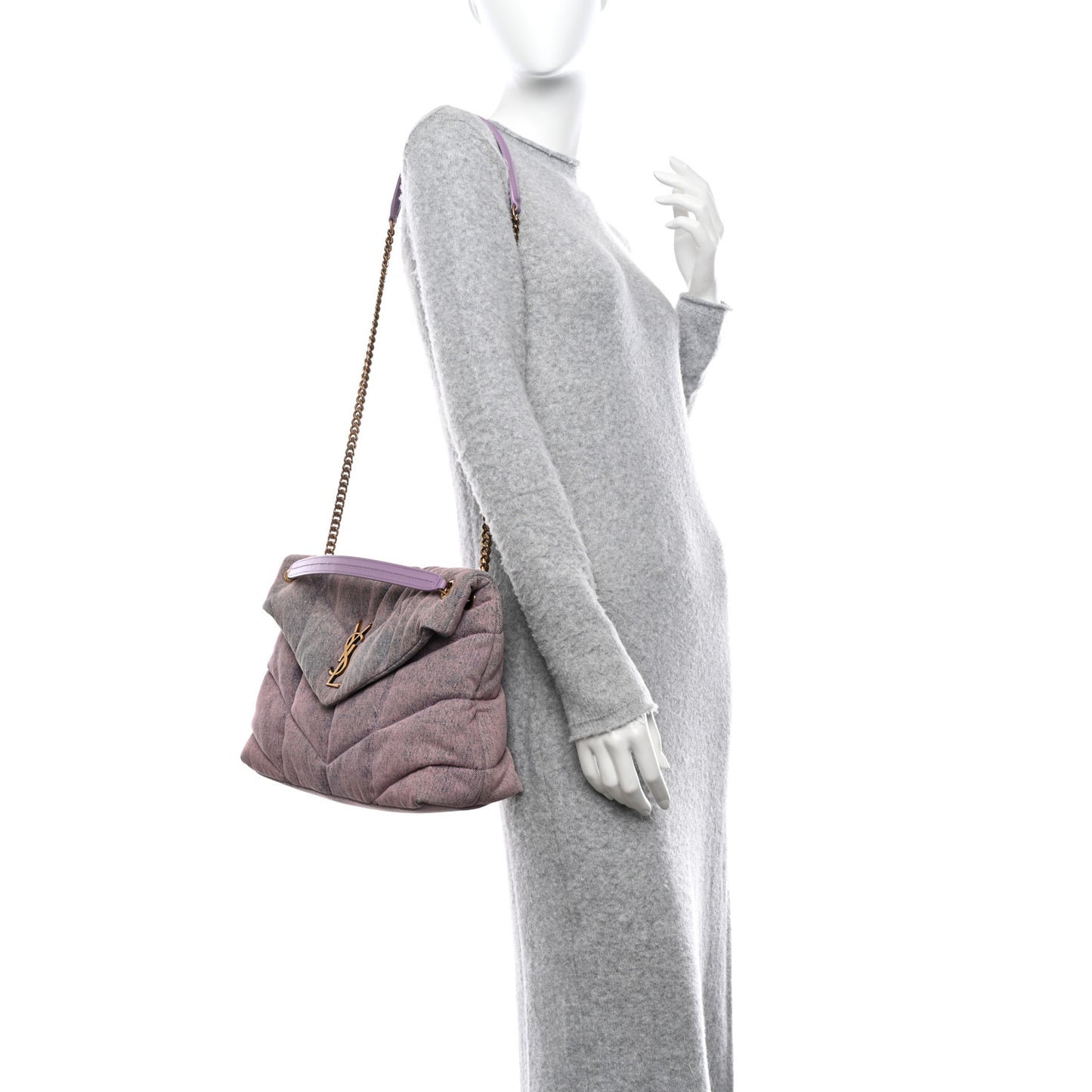 Denim Quilted Medium Loulou Puffer Monogram Chain Satchel Bleached Lilac