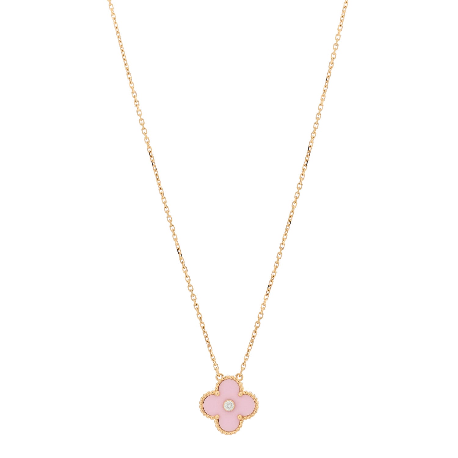 Van Cleef & Arpels 18K Rose Gold Diamond Pink Porcelain Vintage Alhambra Pendant Necklace 1 of 5