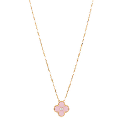 Van Cleef & Arpels 18K Rose Gold Diamond Pink Porcelain Vintage Alhambra Pendant Necklace 1 of 5