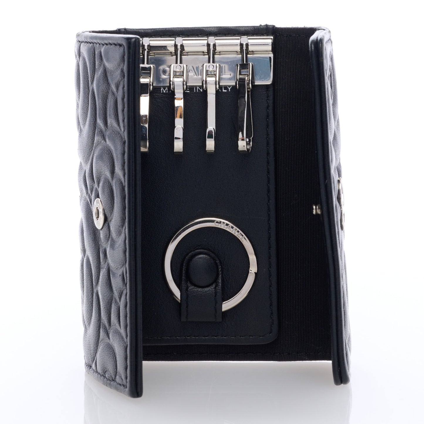 Goatskin Camellia Embossed 4 Key Holder Black