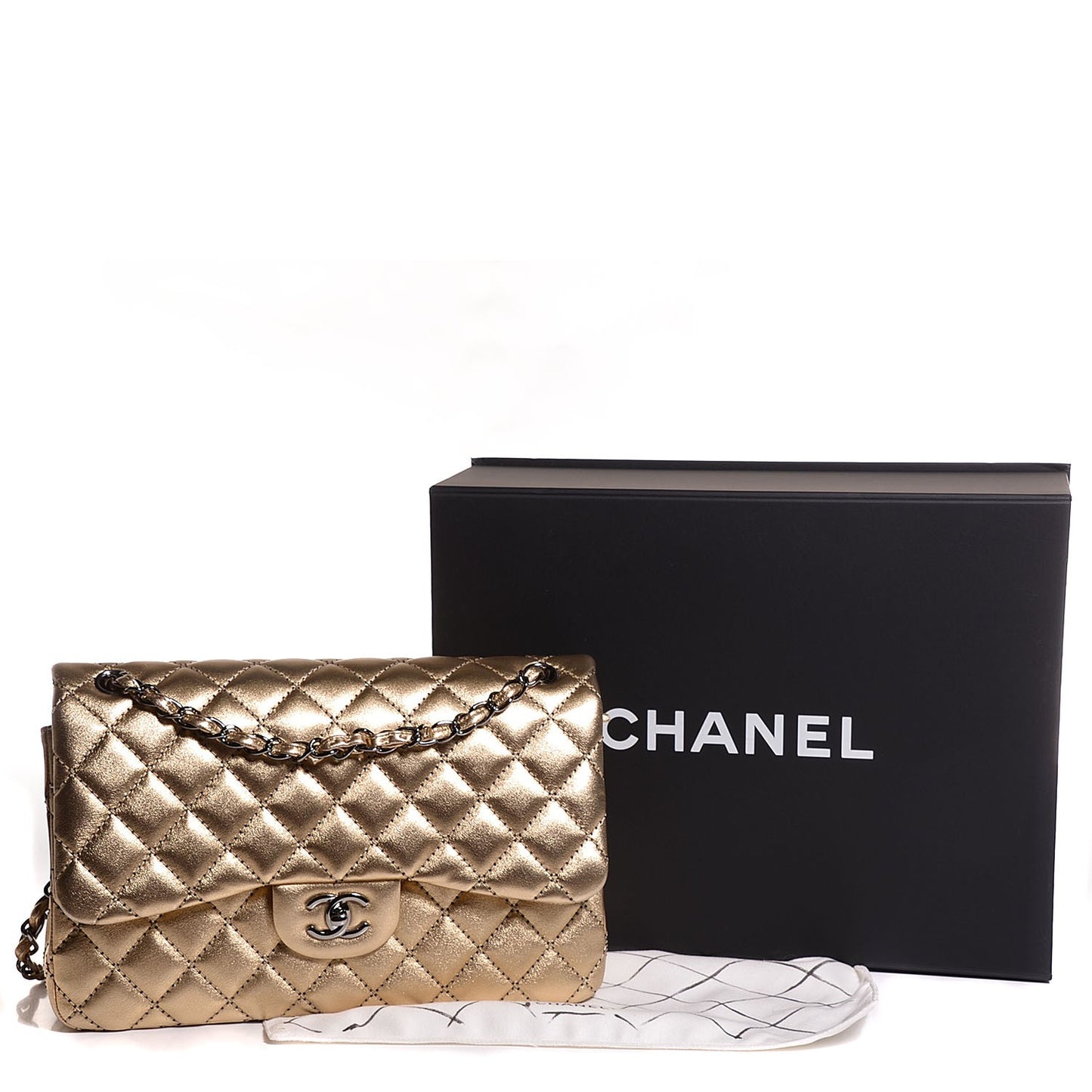 Metallic Washed Lambskin Quilted Jumbo Double Flap Dark Gold Black