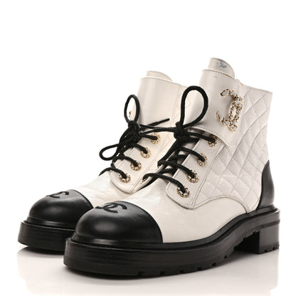Chanel Shiny Goatskin Calfskin Quilted Lace Up Combat Boots 40 Black White 3 of 10