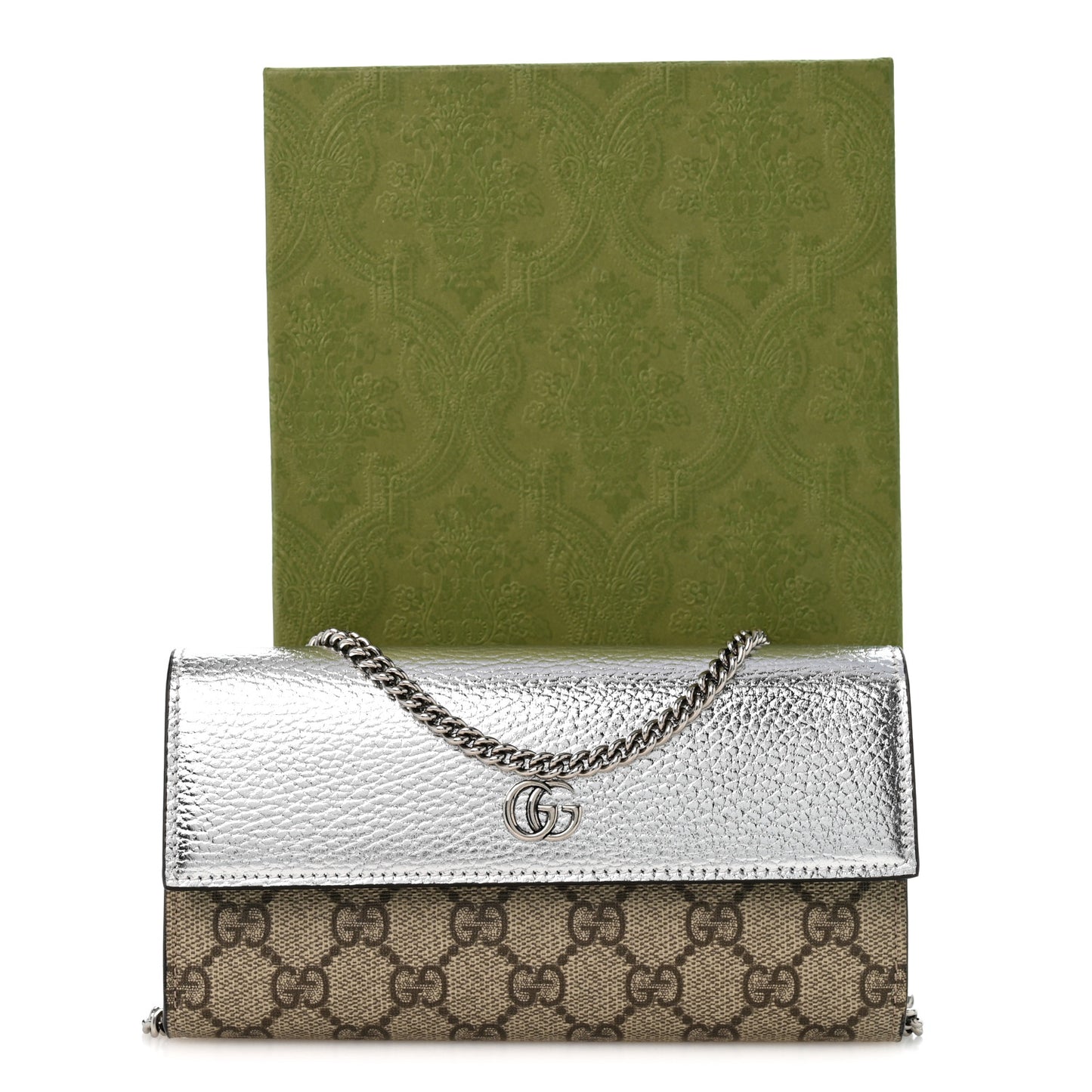 Metallic Calfskin GG Supreme Monogram Petite GG Marmont Wallet Chain Bag Silver Beige Ebony