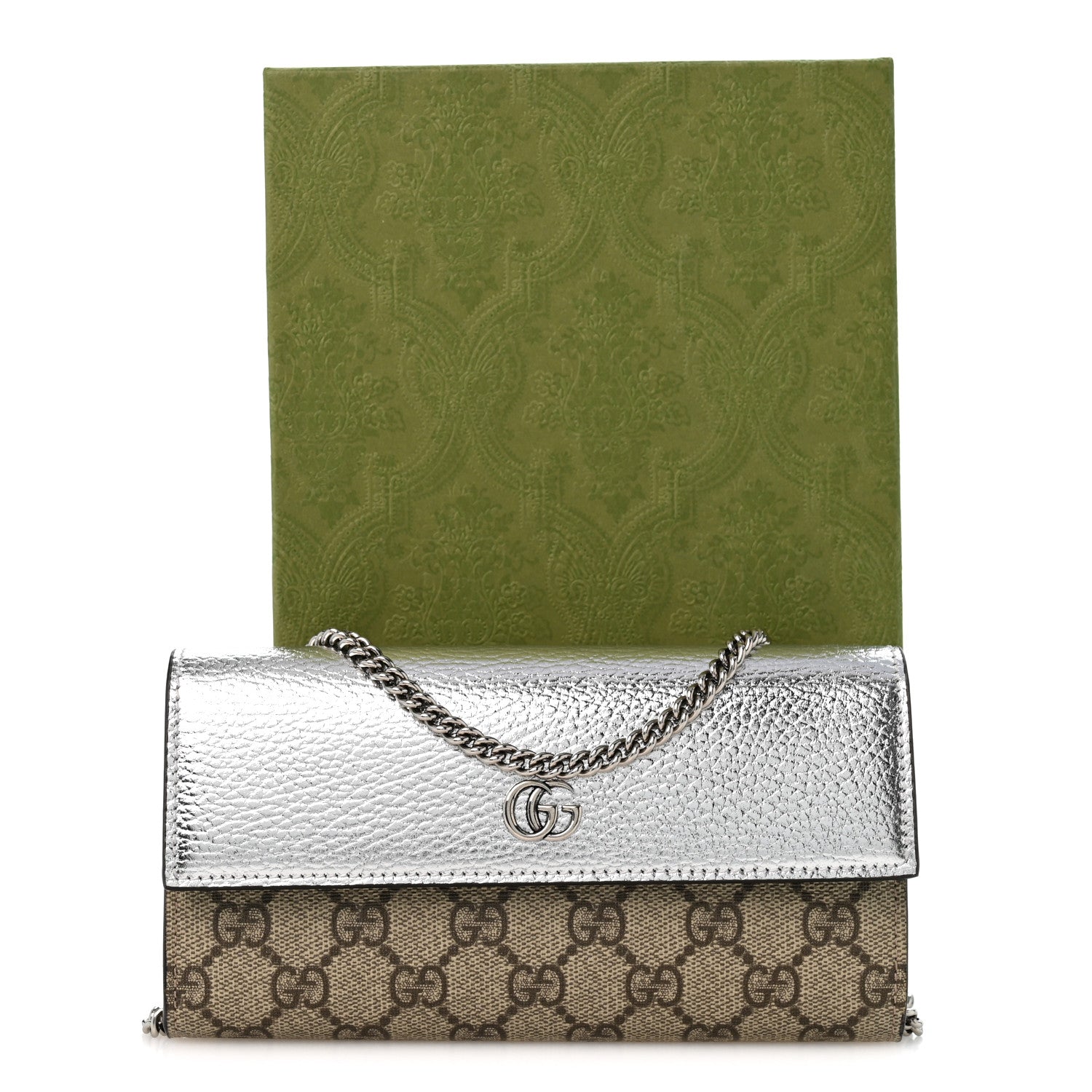 Gucci Metallic Calfskin GG Supreme Monogram Petite GG Marmont Wallet Chain Bag Silver Beige Ebony 12 of 12