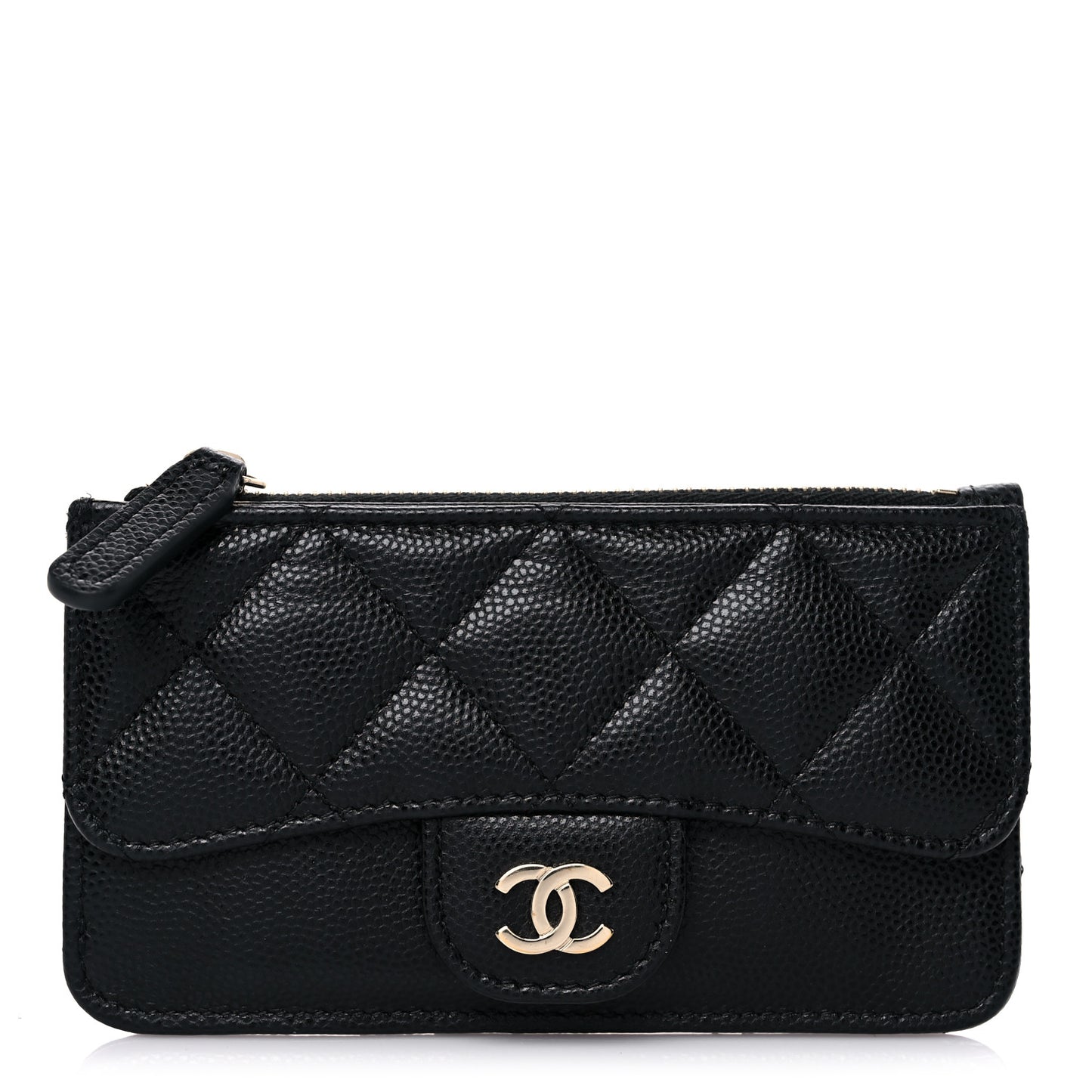 Caviar Quilted Flap Zip Card Holder Black