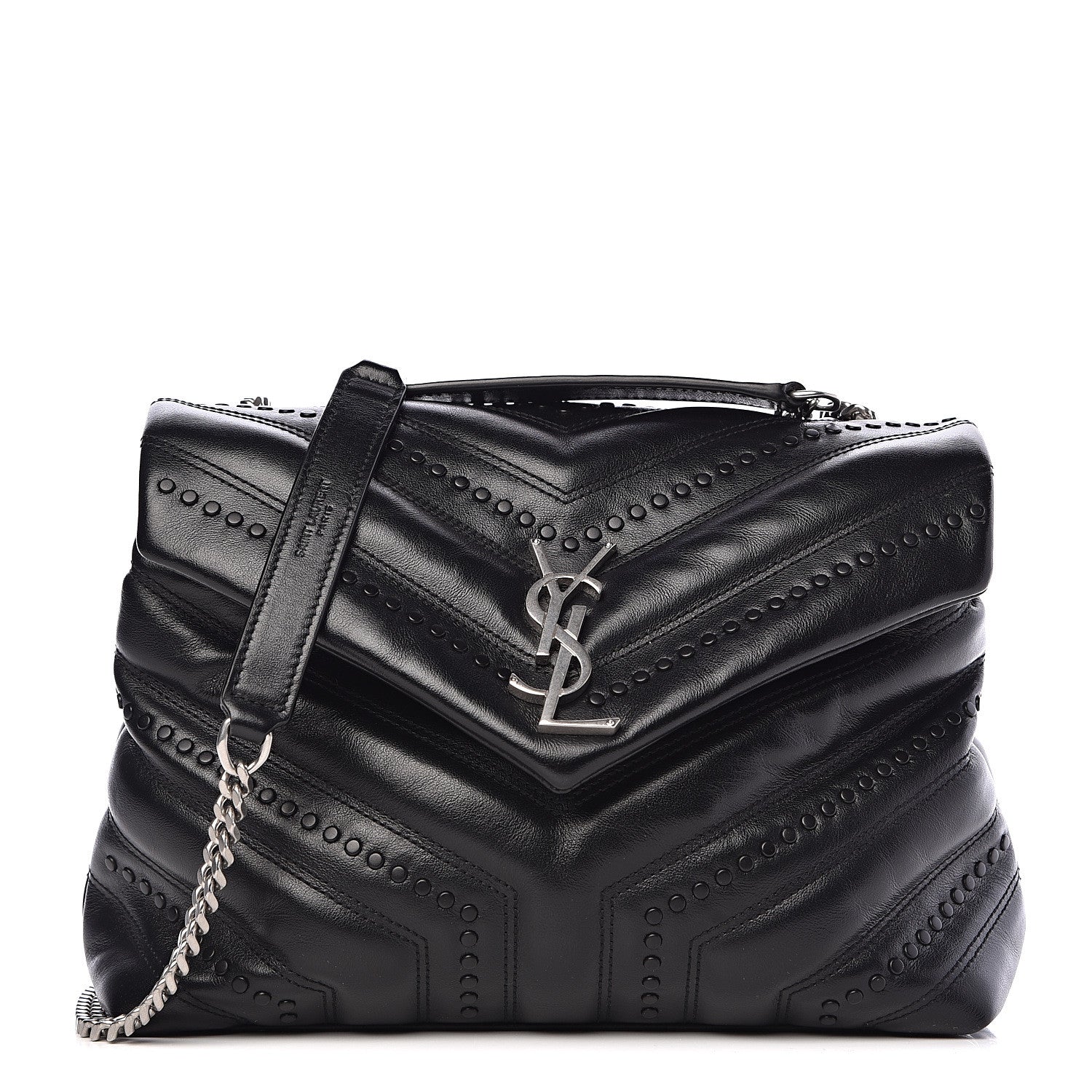 Saint Laurent Calfskin Y Quilted Studded Monogram Small Loulou Chain Satchel Black 1 of 10