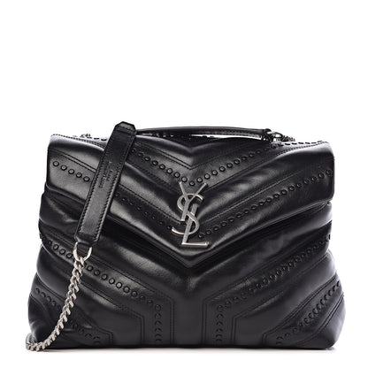 Saint Laurent Calfskin Y Quilted Studded Monogram Small Loulou Chain Satchel Black 1 of 10