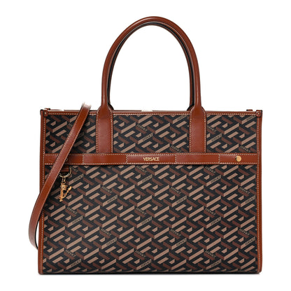 Versace Coated Canvas Calfskin La Greca Signature Tote Bag Black Caramel 1 of 7