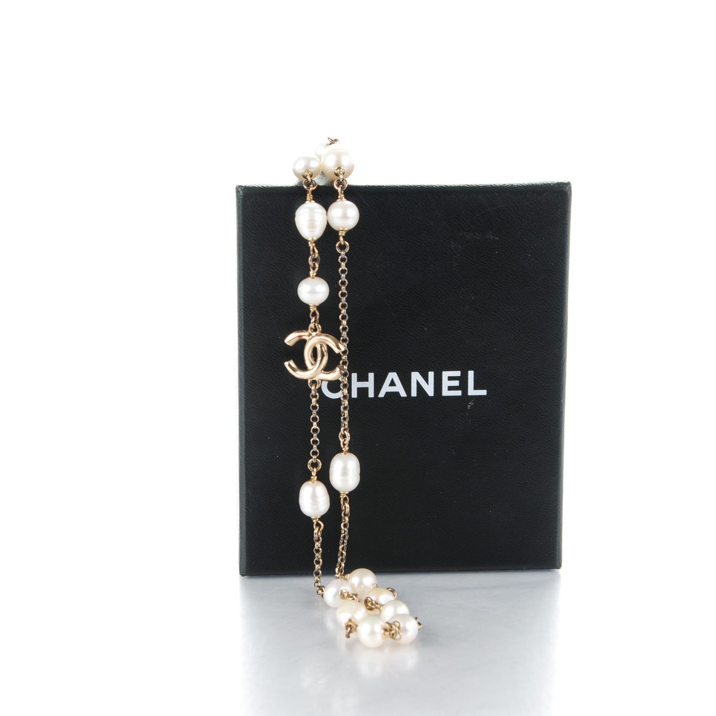 Crystal Pearl CC Bow Long Necklace Light Gold
