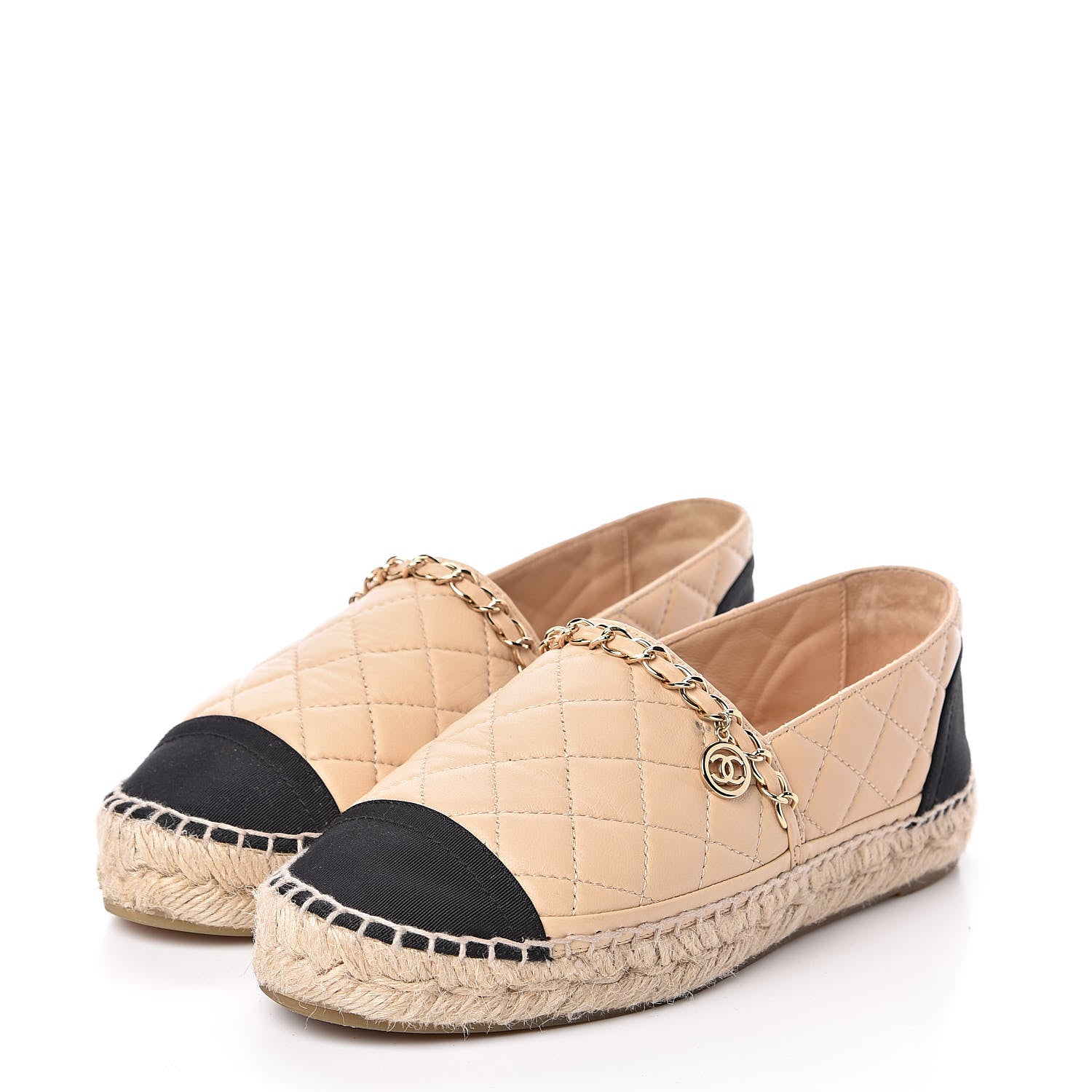 Chanel Lambskin Grosgrain Quilted CC Chain Espadrilles 35 Beige Black 3 of 11