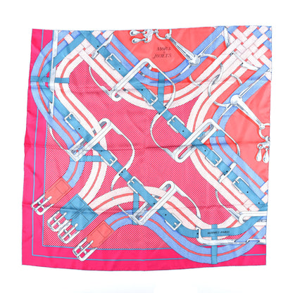 Hermes Silk Mors A Jouets Chemise Scarf 90 Rose Vif Bleu Jean 1 of 4