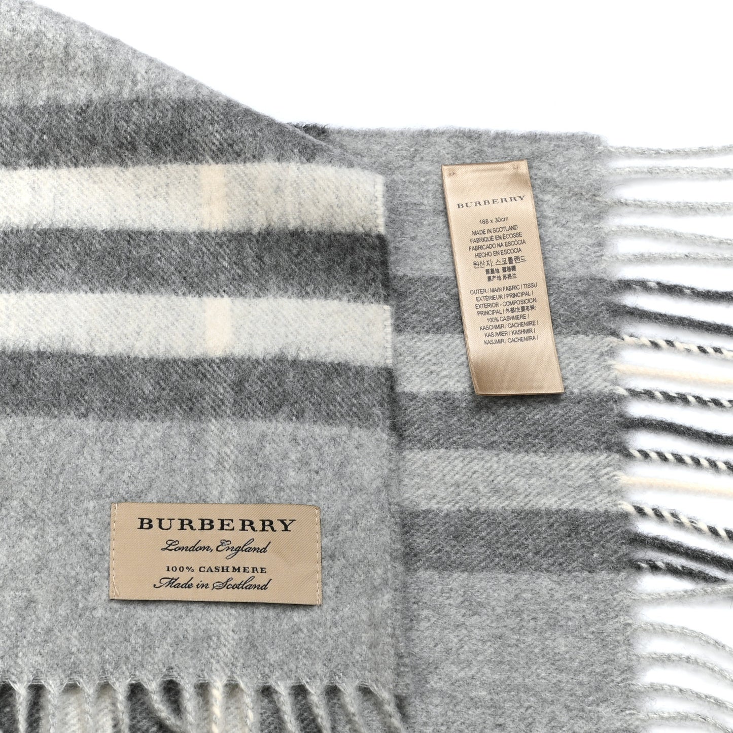 Cashmere Giant Check Fringe Scarf Pale Grey