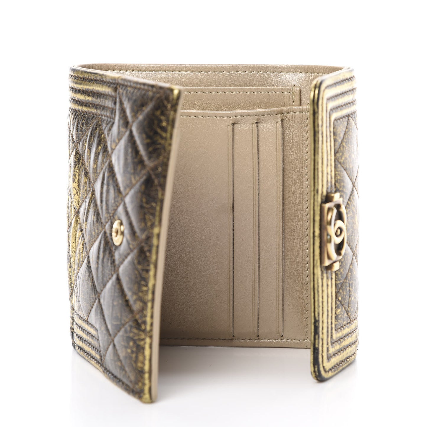 Cracked Metallic Calfskin Quilted Compact Boy Wallet Gold