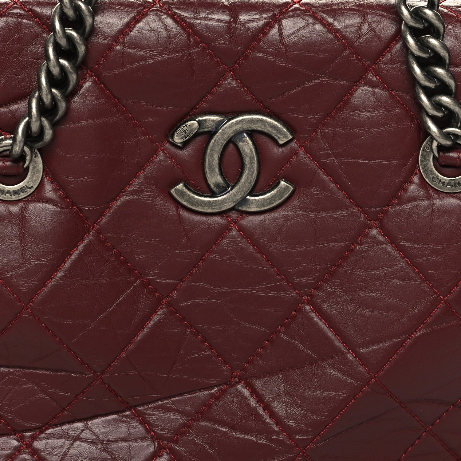 Chanel Aged Calfskin Quilted Large Secret Tag Bowling Bag Burgundy 8 of 12