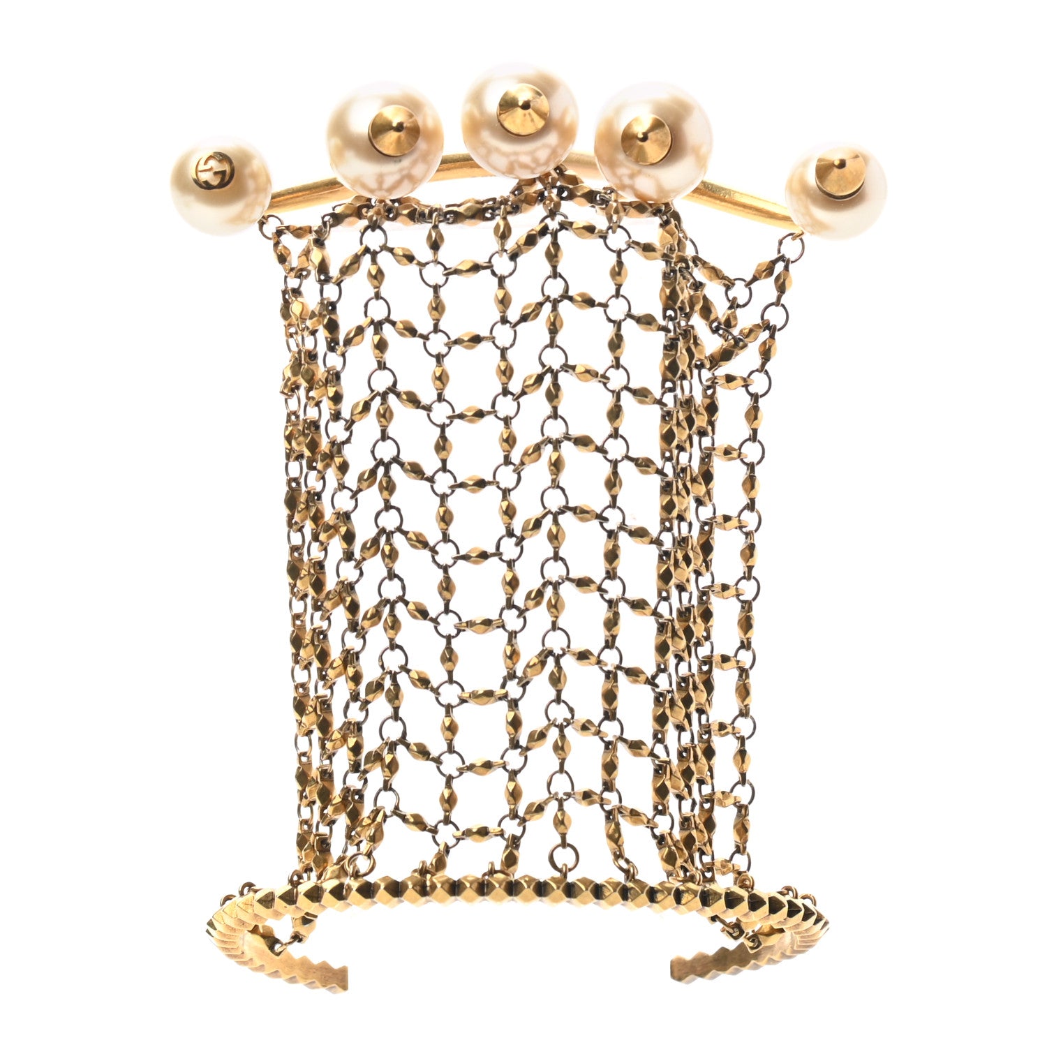 Gucci Metal Embellished Pearl Multi-Finger Ring Bracelet Gold 1 of 4