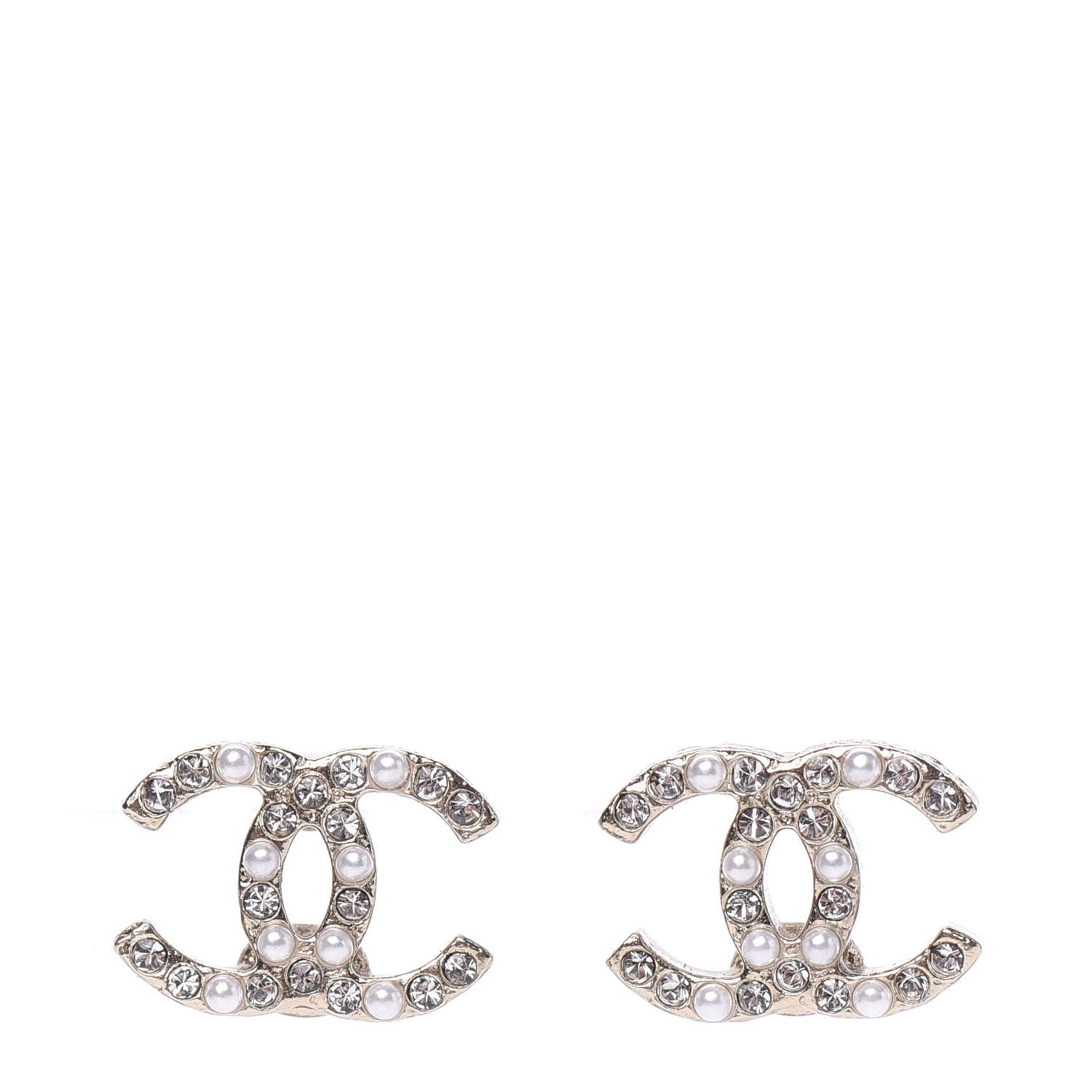 Chanel Pearl Crystal CC Charms Stud Earrings Light Gold 1 of 5