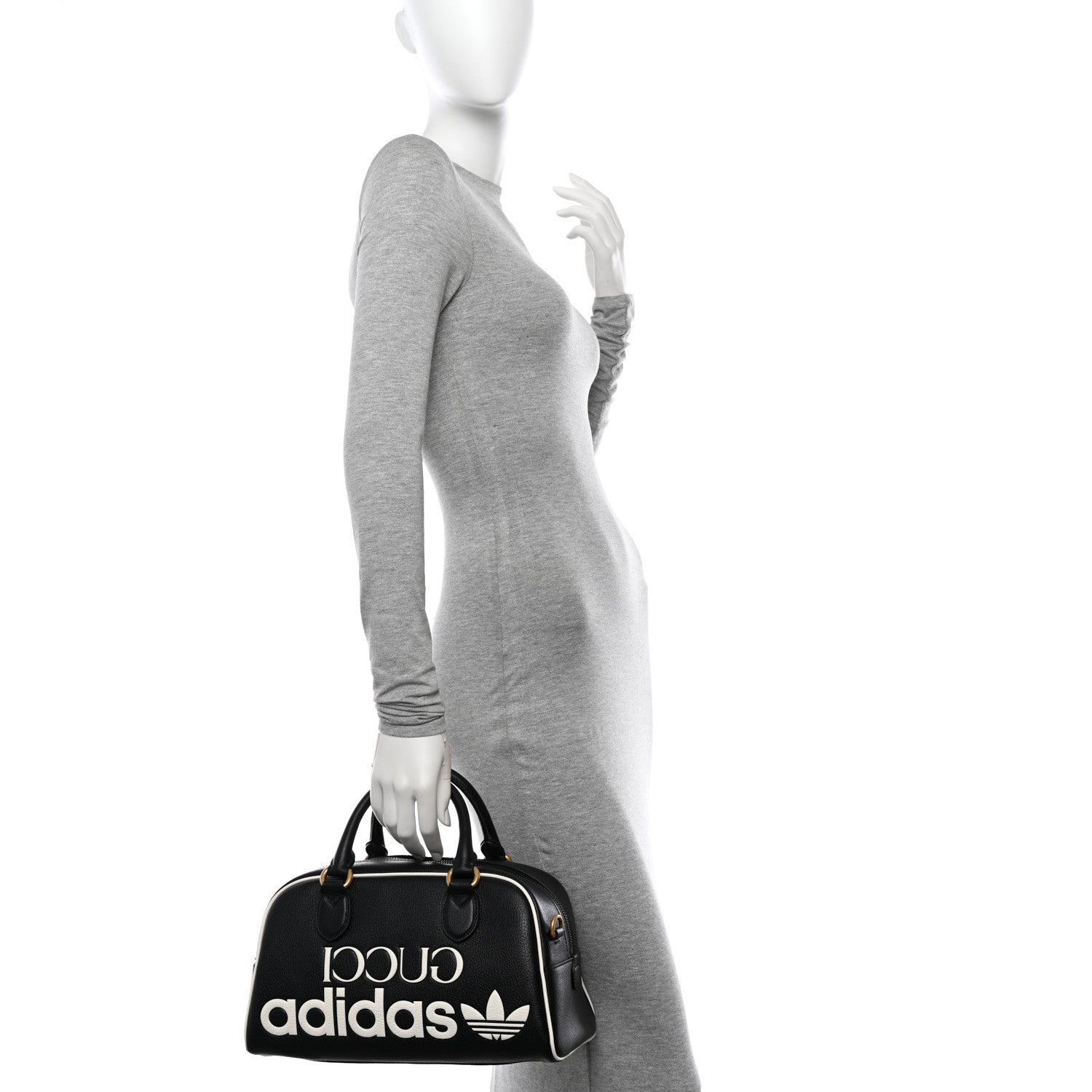 Gucci X ADIDAS Textured Dollar Calfskin Web Trefoil Logo Embossed Mini Bowling Bag Black Off White 2 of 10