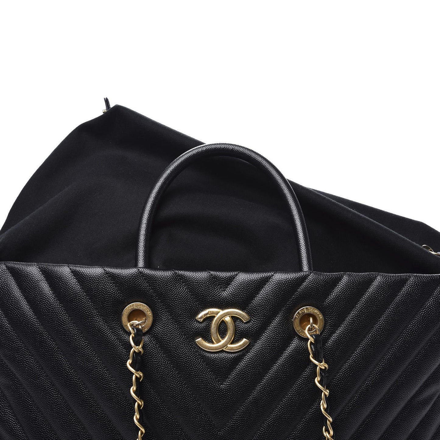 Caviar Chevron Quilted Coco Handle Shopping Tote Black