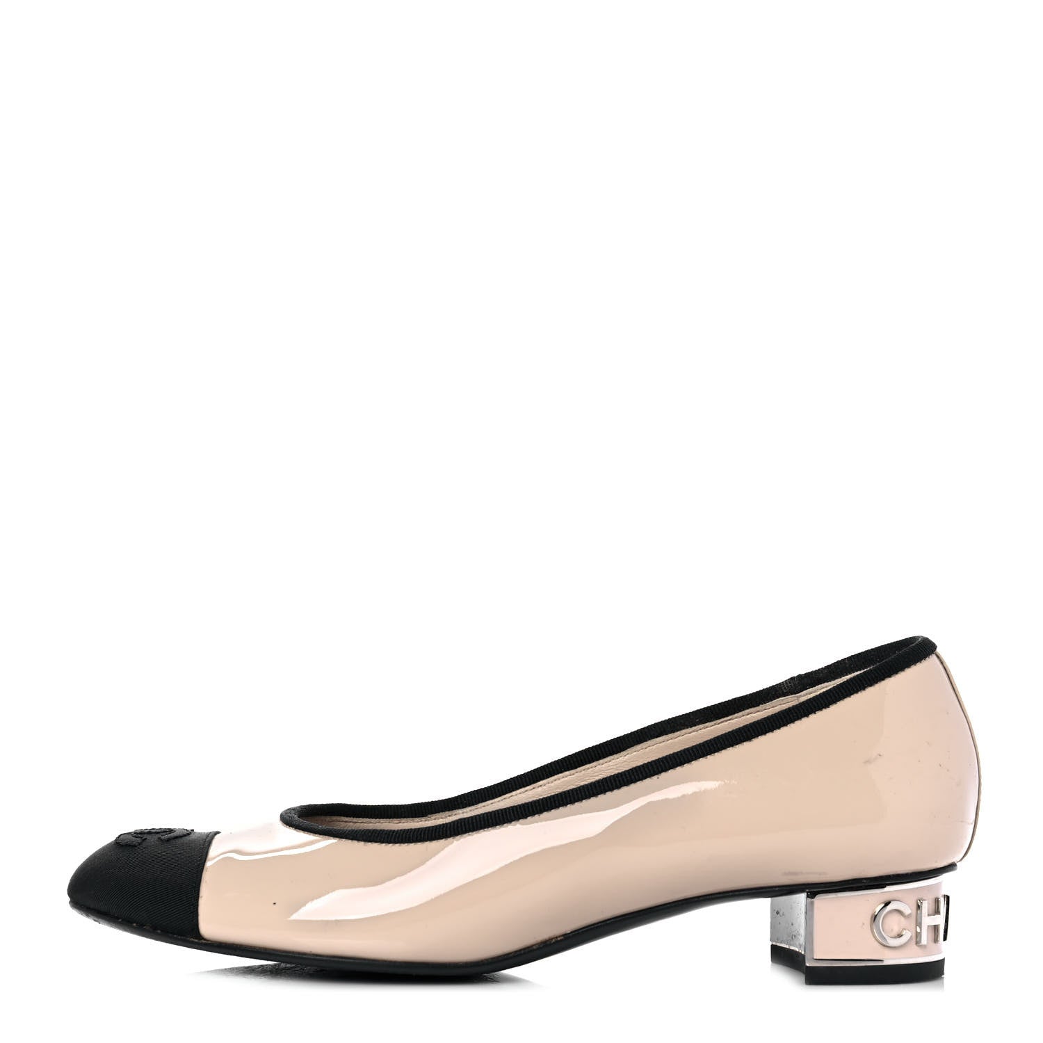 Chanel Patent Grosgrain Cap Toe Logo Flats 36 Beige Black 1 of 10