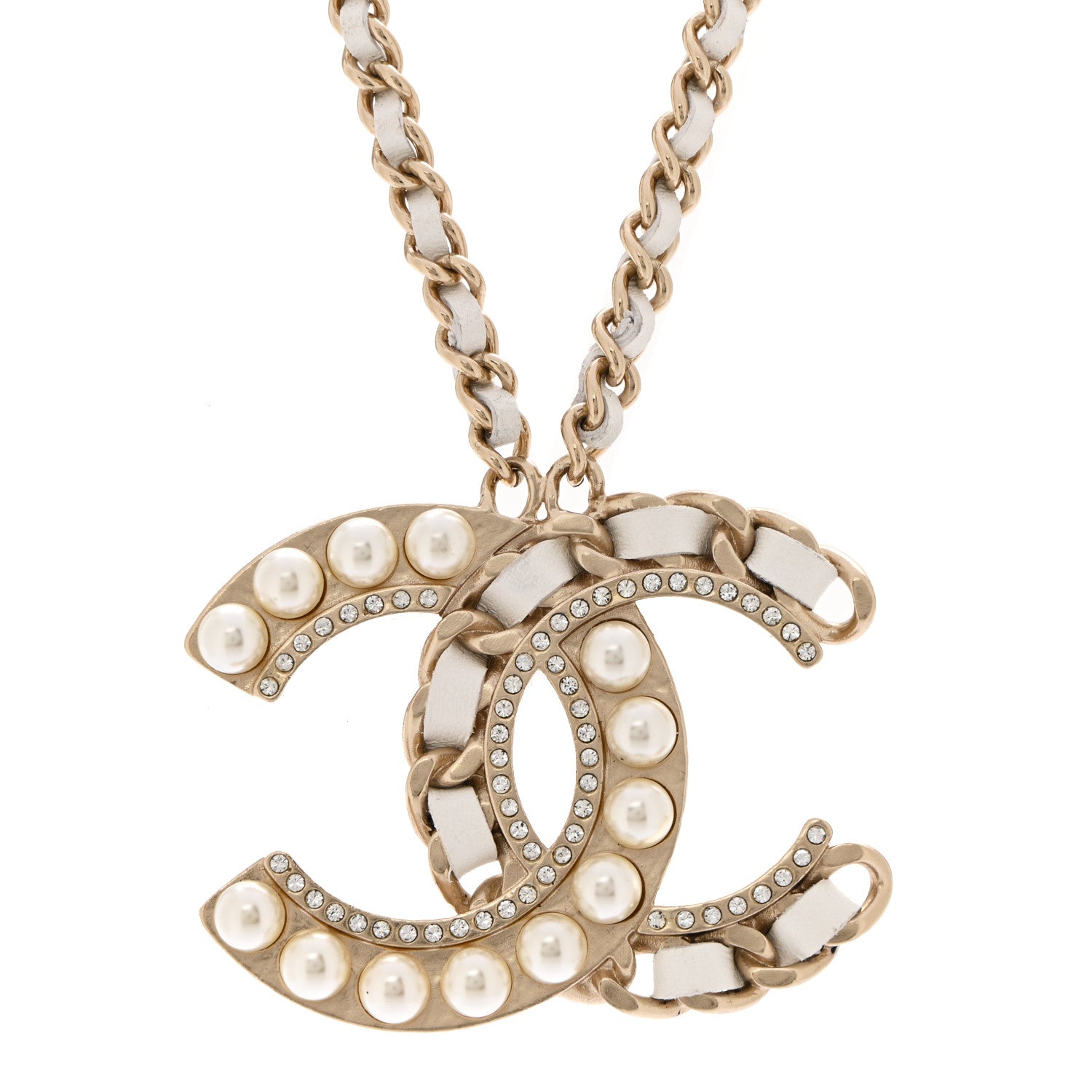 Chanel Pearl Crystal Lambskin Chain CC Necklace White Gold 4 of 7