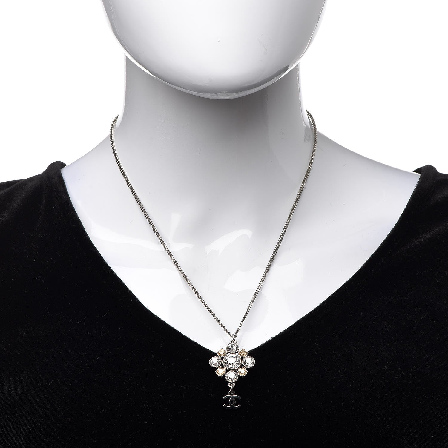 Chanel Crystal CC Drop Pendant Necklace Silver 2 of 4